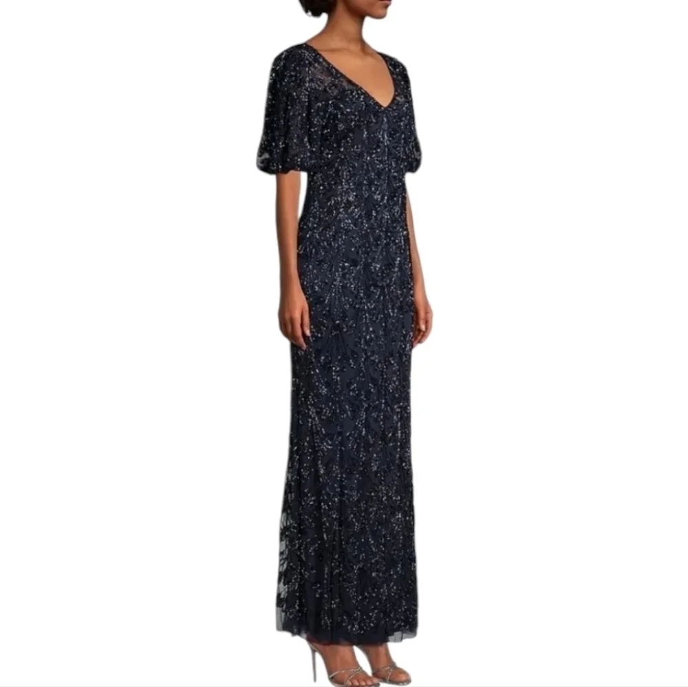 Aidan Mattox $550 NWT Beaded V-Neck Sheath Evening Gown Navy Blue, size 6 - Picture 2 of 13